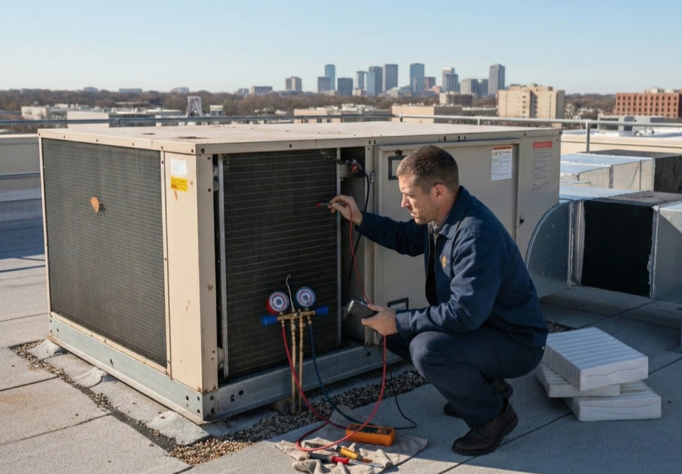The owner of Air Dynamics providing commercial HVAC services on a Tulsa rooftop.