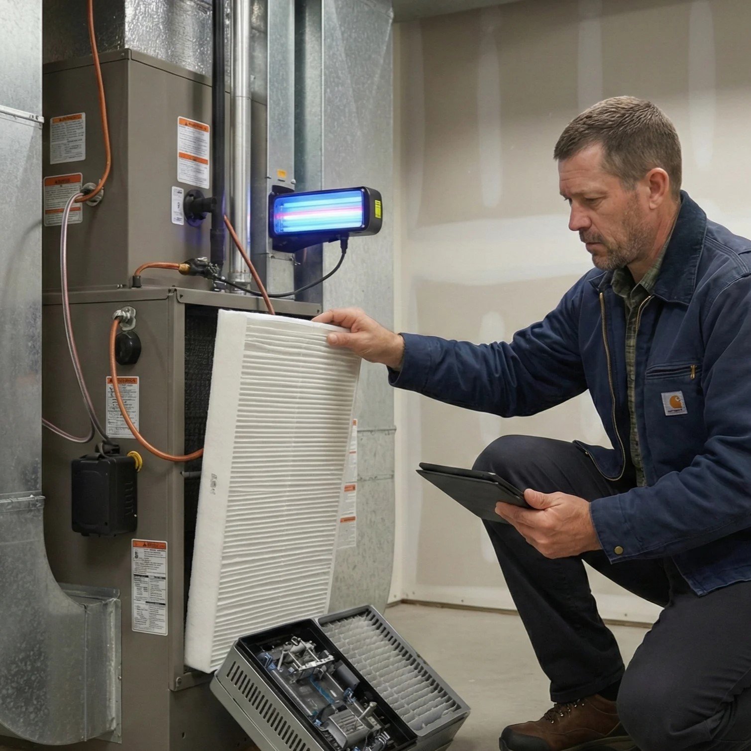Air Dynamics of Tulsa technician evaluating home air quality during a service visit.